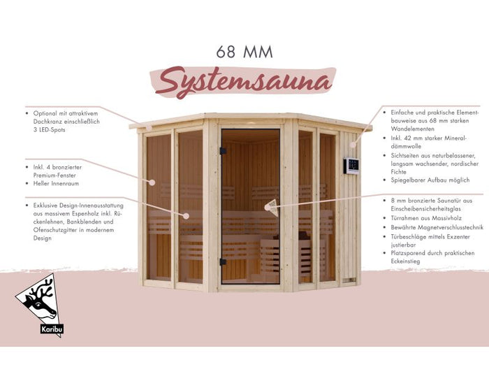 Karibu Sauna Airi, inkl. 9 kW Bioofen ext. Steuerung - ohne Dachkranz -