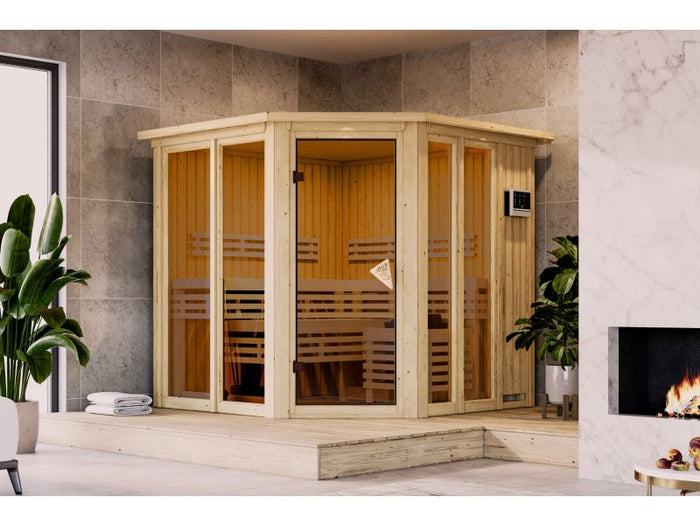Karibu Sauna Airi, inkl. 9 kW Ofen ext. Steuerung - mit Dachkranz -
