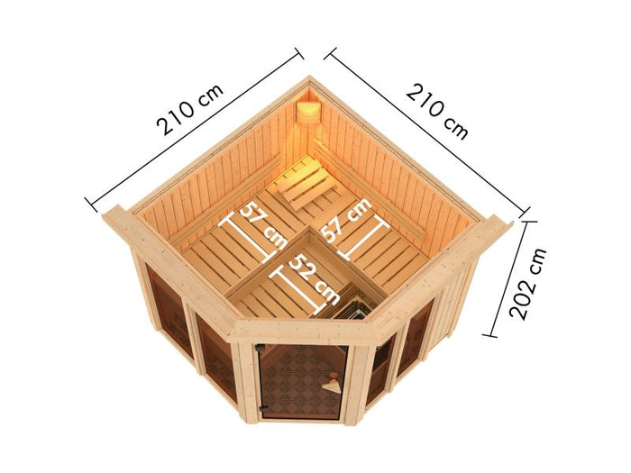 Karibu Sauna Airi, inkl. 9 kW Ofen ext. Steuerung - mit Dachkranz -