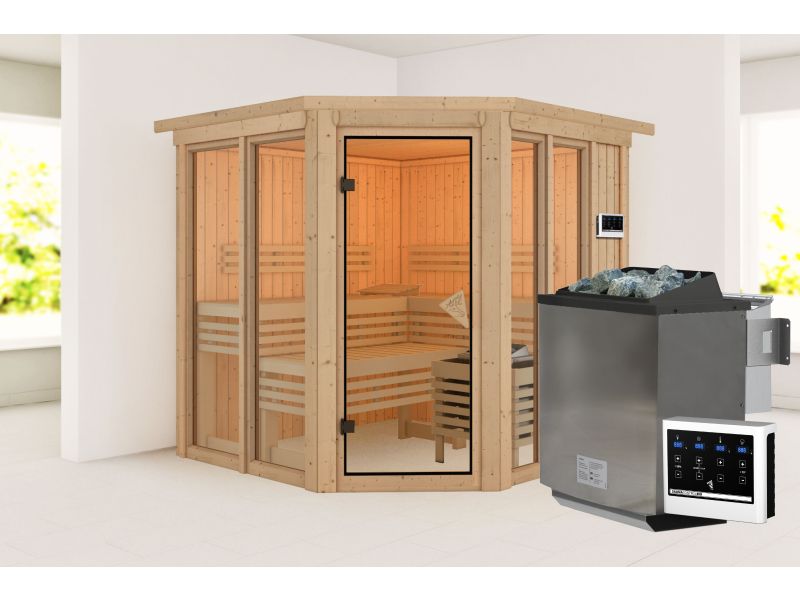 Karibu Sauna Airi, inkl. 9 kW Bioofen ext. Steuerung - mit Dachkranz -