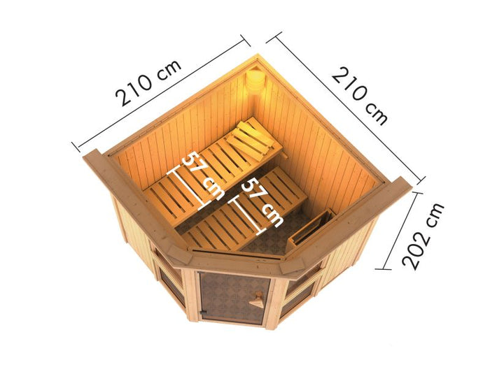 Amelia 2 - Karibu Sauna, inkl. 9 kW Ofen integr. Steuerung - mit Dachkranz -