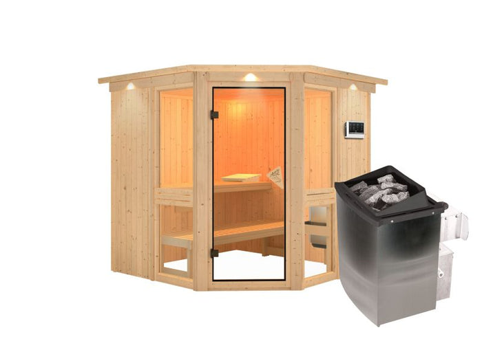 Amelia 2 - Karibu Sauna, inkl. 9 kW Ofen integr. Steuerung - mit Dachkranz -