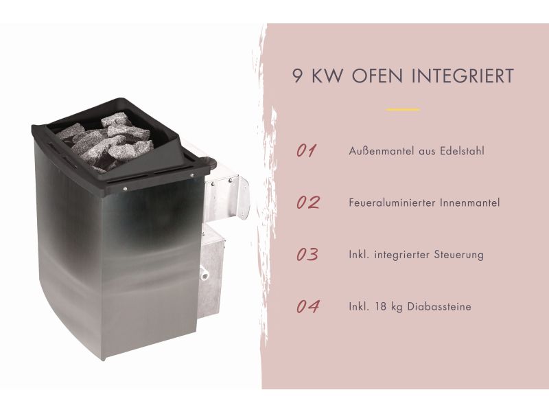 Amelia 2 - Karibu Sauna, inkl. 9 kW Ofen integr. Steuerung - mit Dachkranz -