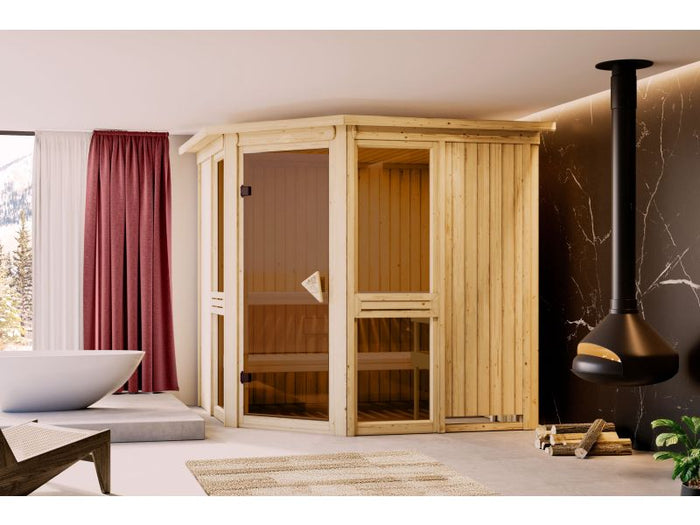 Amelia 2 - Karibu Sauna, inkl. 9 kW Ofen ext. Steuerung - mit Dachkranz -