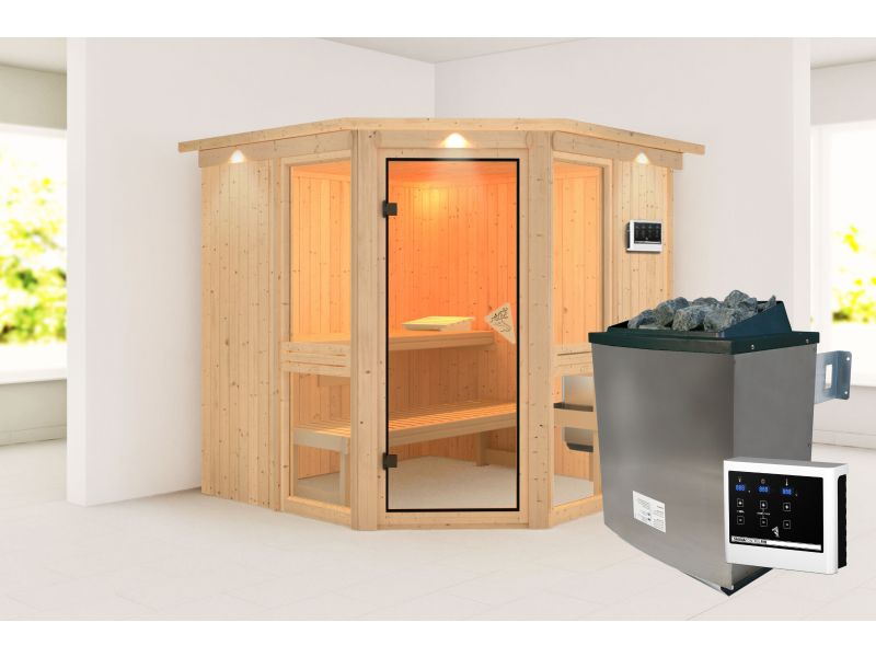 Amelia 2 - Karibu Sauna, inkl. 9 kW Ofen ext. Steuerung - mit Dachkranz -