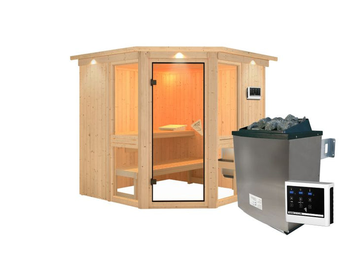 Amelia 2 - Karibu Sauna, inkl. 9 kW Ofen ext. Steuerung - mit Dachkranz -