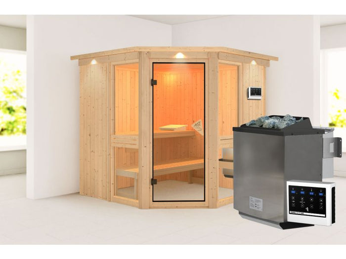 Amelia 2 - Karibu Sauna, inkl. 9 kW Bioofen ext. Steuerung - mit Dachkranz -