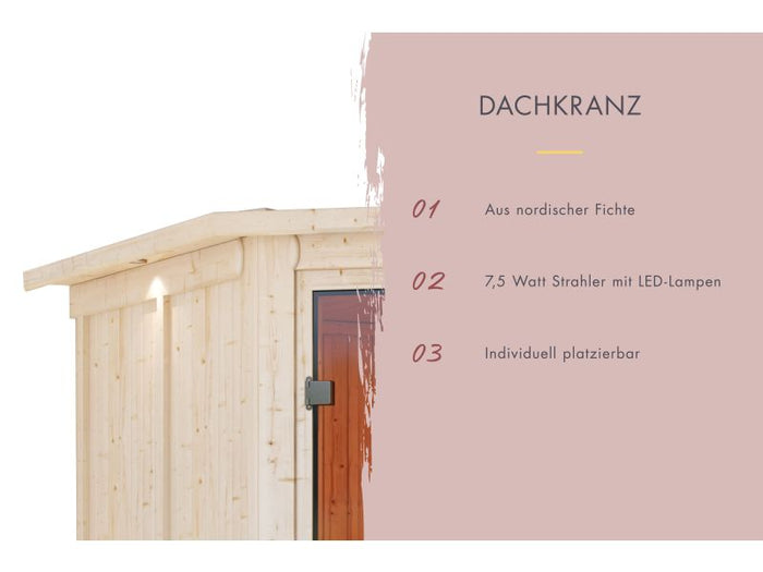 Amelia 2 - Karibu Sauna, inkl. 9 kW Bioofen ext. Steuerung - mit Dachkranz -