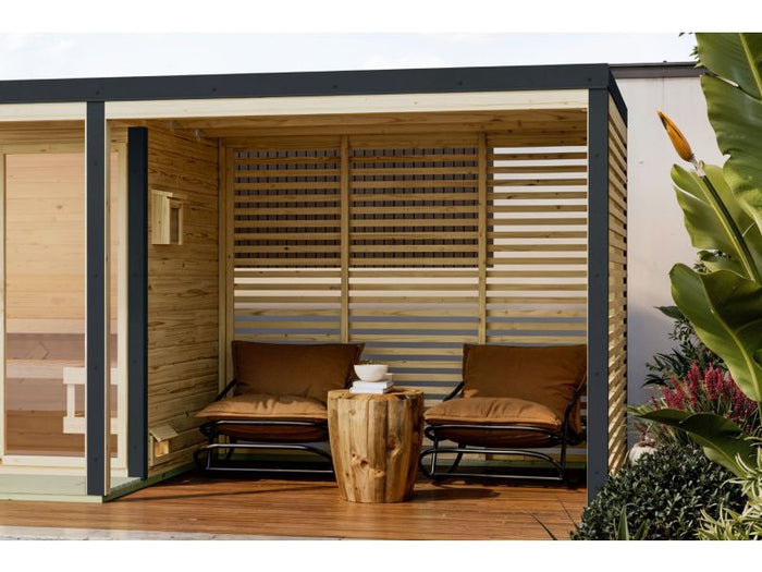 Gratis Karibu Anbaudach für Ares inkl. Lamellenwänden naturbelassen/anthrazit