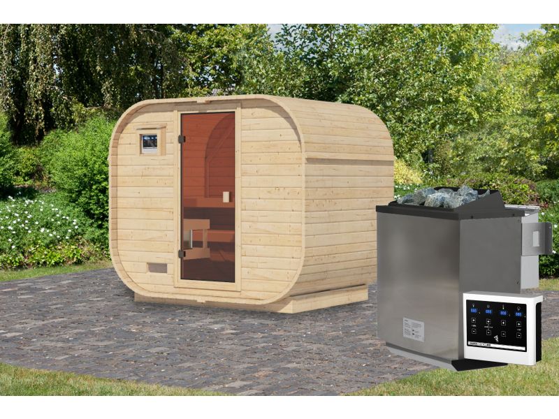 Karibu Fasssauna Quadro 1 Plus,38 mm, inkl. 9 kW Bioofen ext. Steuerung