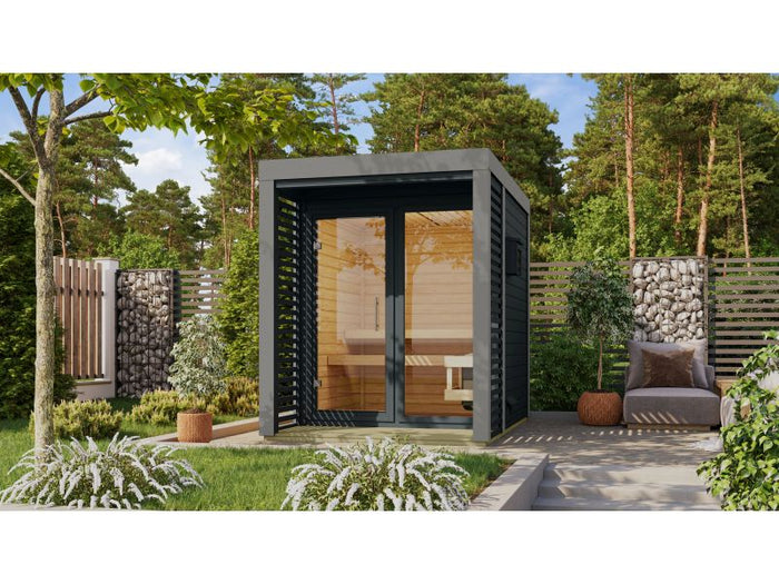 Karibu Hybrid Saunahaus Ares 1, anthrazit/graualuminium, inkl. 9 kW Ofen ext. Steuerung