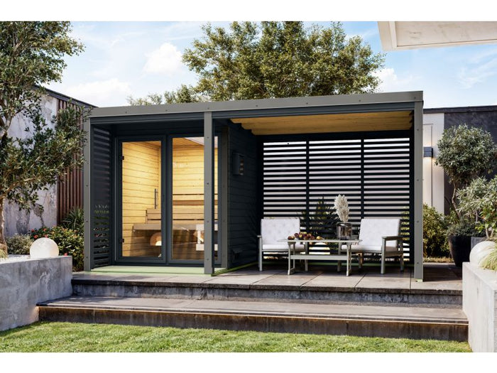 Karibu Hybrid Saunahaus Ares 1, anthrazit/graualuminium, inkl. 9 kW Ofen ext. Steuerung
