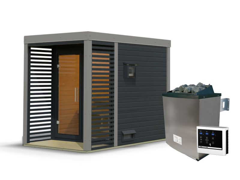 Karibu Hybrid Saunahaus Ares 1, anthrazit/graualuminium, inkl. 9 kW Ofen ext. Steuerung