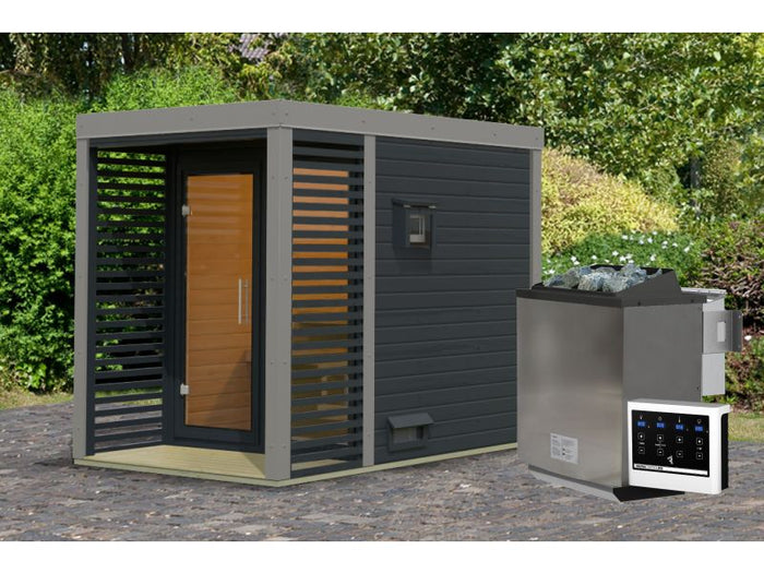 Karibu Hybrid Saunahaus Ares 1, anthrazit/graualuminium, inkl. 9 kW Bioofen ext. Steuerung