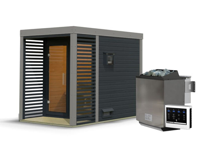 Karibu Hybrid Saunahaus Ares 1, anthrazit/graualuminium, inkl. 9 kW Bioofen ext. Steuerung