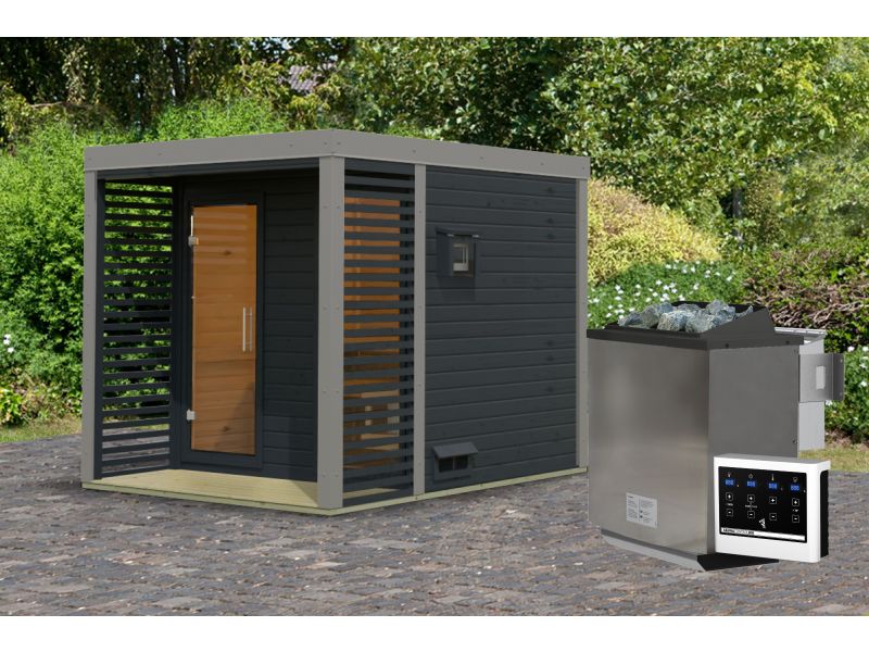 Karibu Hybrid Saunahaus Ares 2, anthrazit/graualuminium, inkl. 9 kW Bioofen ext. Steuerung