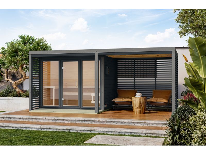 Karibu Hybrid Saunahaus Ares 3, anthrazit/graualuminium, inkl. 9 kW Bioofen ext. Steuerung