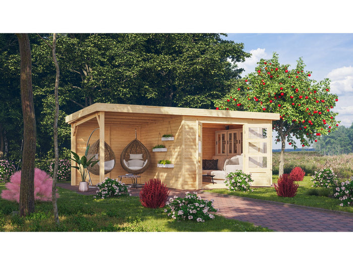 Karibu Gartenhaus Kerko 6 natur mit 2,40 m Anbaudach inkl. Rückwand