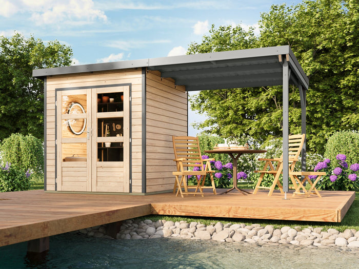 Karibu Hybrid Gartenhaus Pluto 1 A, naturbelassen/graualuminium, 28 mm, inkl. Anbaudach ca. 2,33m