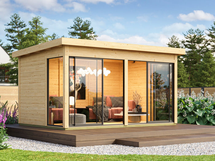 Karibu Studio Dice 5 natur, 38 mm, inkl. Fußboden, 2 Schiebetüren und 2 bodentiefe Fensterelemente