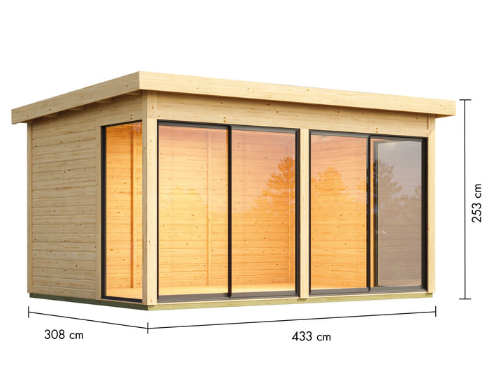Karibu Studio Dice 5 natur, 38 mm, inkl. Fußboden, 2 Schiebetüren und 2 bodentiefe Fensterelemente