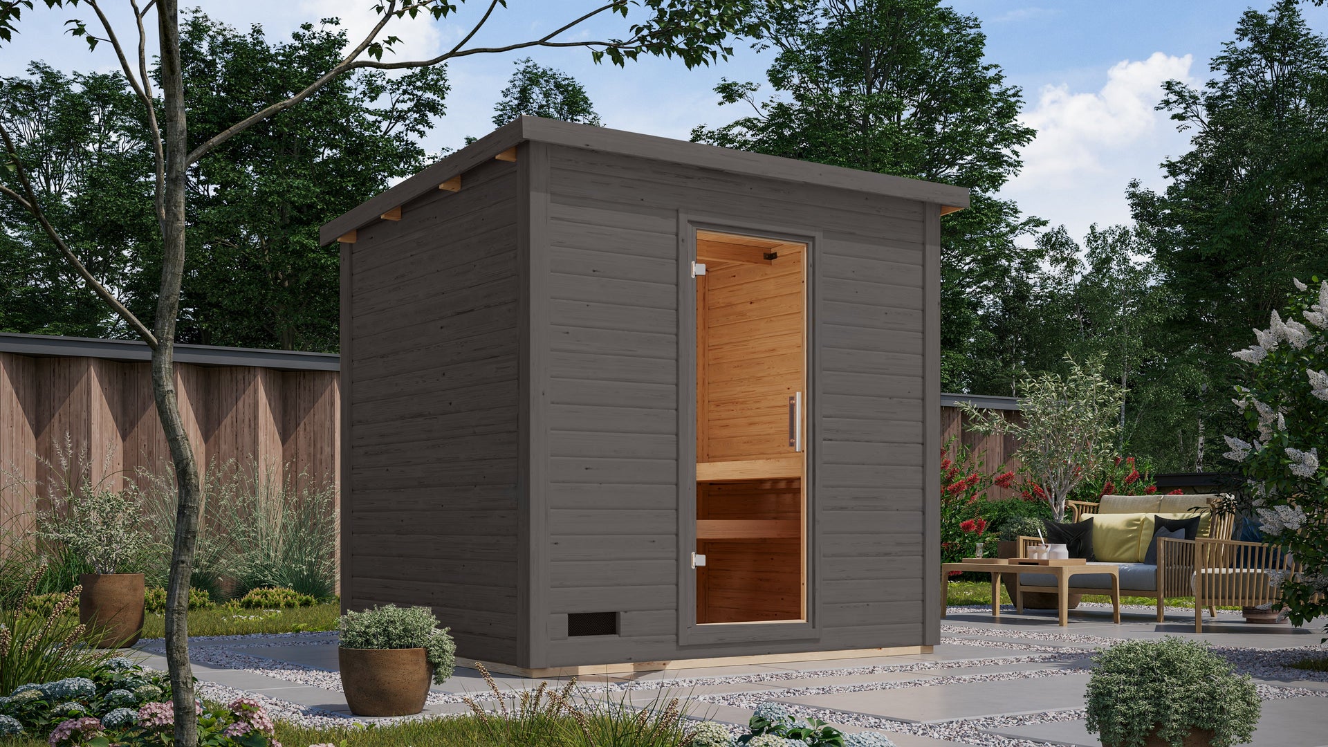 Karibu Saunahaus Caapi 4, terragrau, inkl. 9 kW Ofen finnisch ext. Steuerung, mit Klarglastür und Fußboden