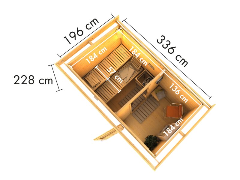 Karibu Saunahaus Skrollan 1 38 mm- 9 kW Ofen ext. Steuerung HUUM- Moderne Tür