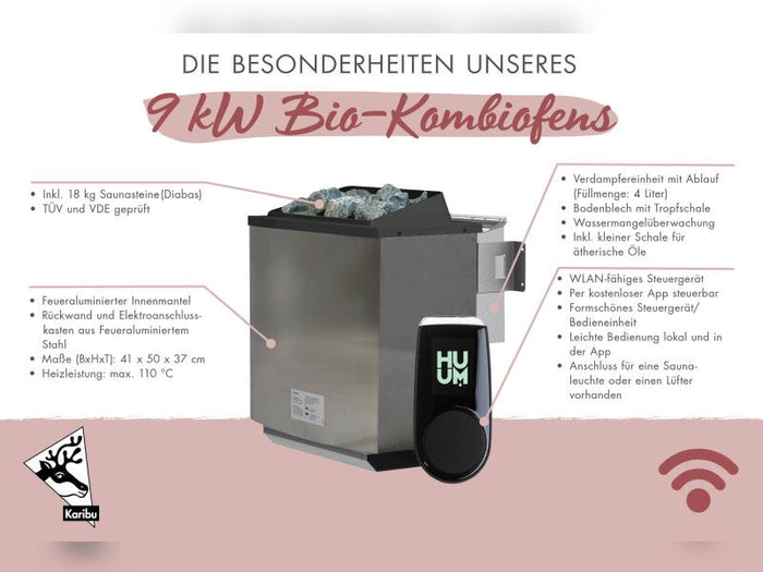 Karibu Saunahaus Skrollan 1 38 mm- 9 kW Bioofen ext. Steuerung HUUM- Moderne Tür