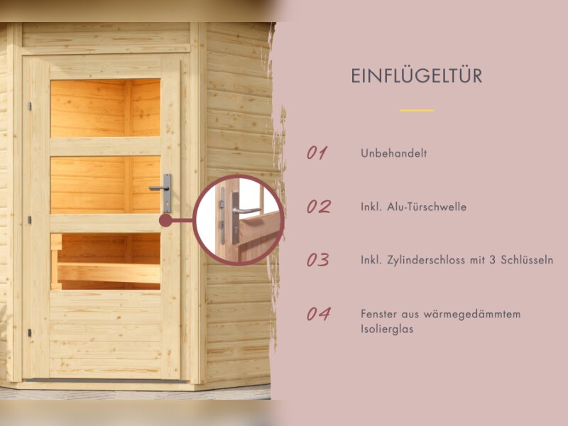 Karibu Saunahaus Skrollan 1 38 mm- 9 kW Bioofen ext. Steuerung HUUM- Moderne Tür