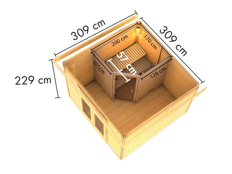 Karibu Saunahaus Mainburg 1 Set A naturbelassen, inkl. 9kW Bioofen ext. Steuerung HUUM