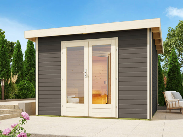 Karibu Saunahaus Mainburg 1 Set A terragrau, inkl. 9kW Bioofen ext. Steuerung HUUM