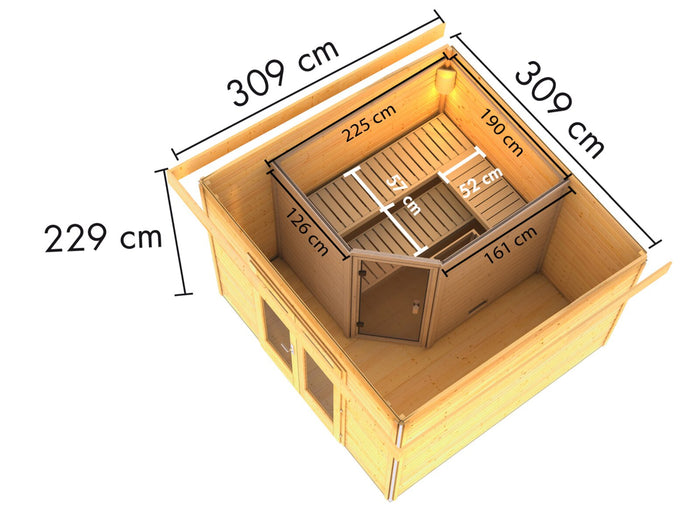 Karibu Saunahaus Mainburg 1 Set B naturbelassen, inkl. 9 kW Bioofen ext. Steuerung HUUM