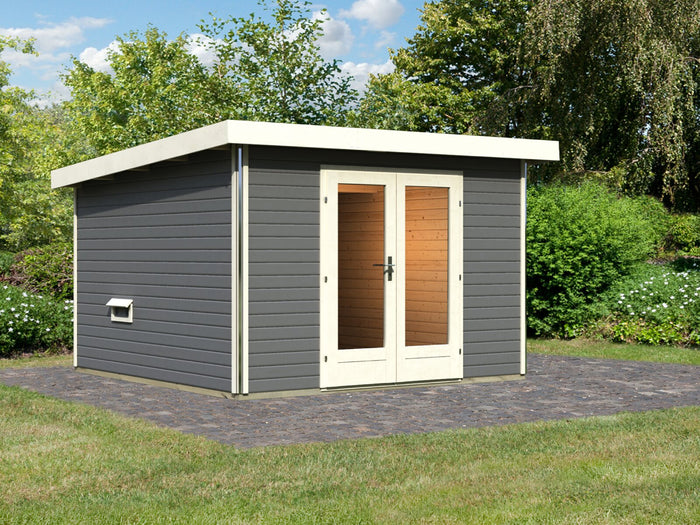 Karibu Saunahaus Mainburg 1 Set B terragrau, inkl. 9 kW Bioofen ext. Steuerung HUUM