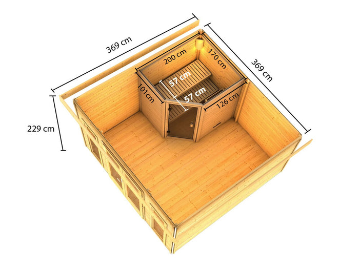 Karibu Saunahaus Mainburg 3 Set A naturbelassen, inkl. 9 kW Bioofen ext. Steuerung HUUM