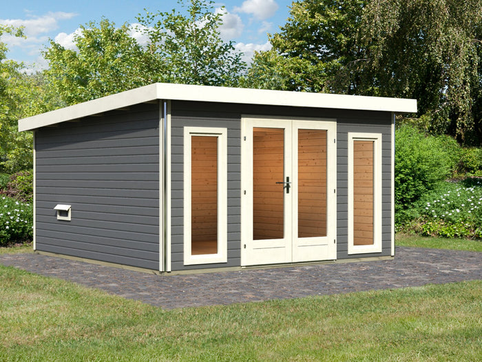 Karibu Saunahaus Mainburg 3 Set B terragrau, inkl. 9 kW Bioofen ext. Steuerung HUUM