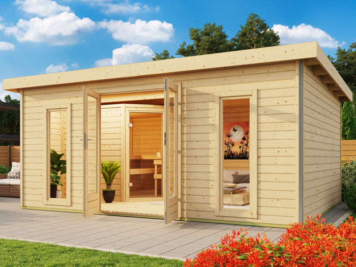 Karibu Saunahaus Mainburg 4 Set B naturbelassen, inkl. 9 kW Ofen ext. Steuerung HUUM
