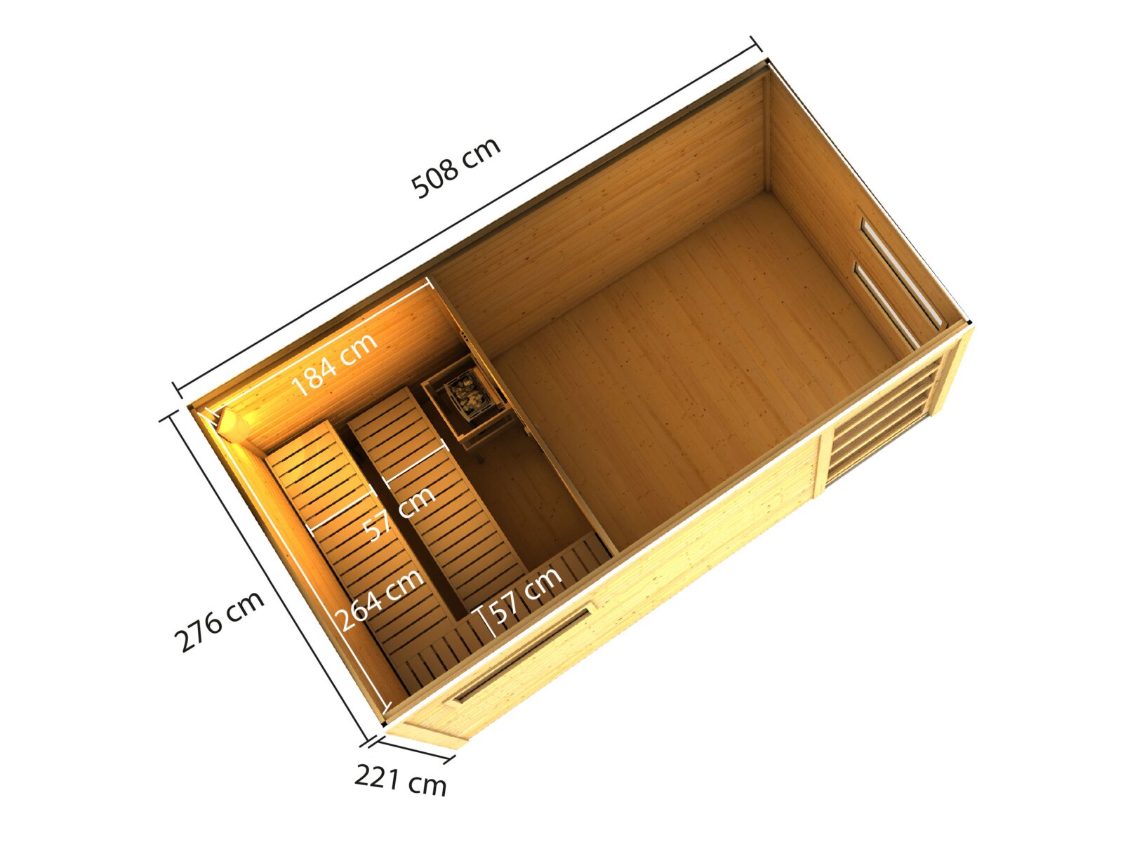 Karibu Saunahaus Hygge 38 mm- terragrau, inkl. 9 kW Bioofen ext. Steuerung Wifi HUUM