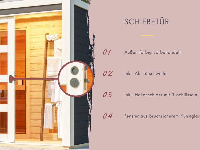 Karibu Saunahaus Hygge 38 mm- terragrau, inkl. 9 kW Bioofen ext. Steuerung Wifi HUUM