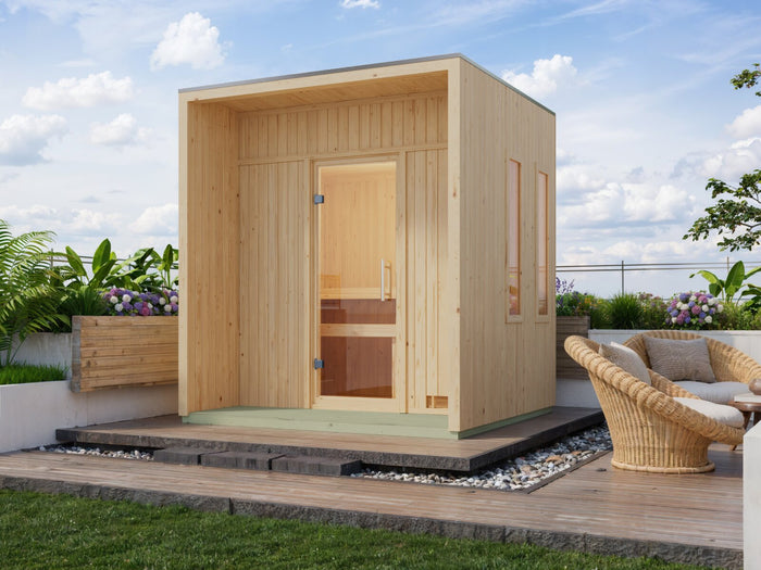 Karibu Saunahaus Arcadia, natur, 73 mm -inkl. 9 kW Ofen ext. Steuerung Wifi HUUM