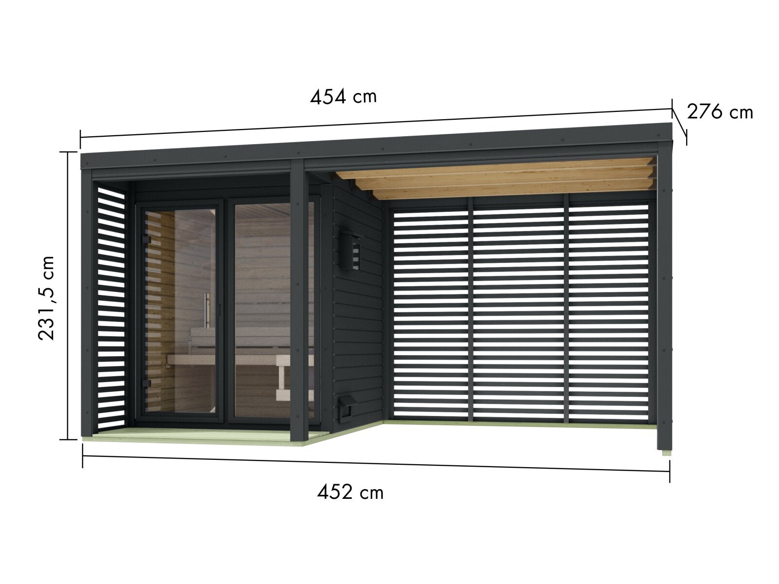 Karibu Hybrid Saunahaus Ares 1, mit Anbaudach in anthrazit/anthrazit, inkl. 9 kW Ofen ext. Steuerung easy