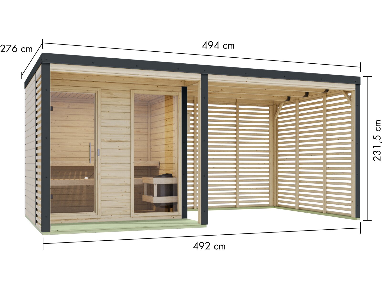 Karibu Hybrid Saunahaus Ares 2, inkl. Anbaudach in naturbelassen/anthrazit -ohne Ofen-