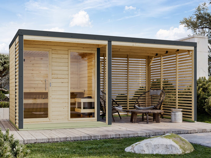 Karibu Hybrid Saunahaus Ares 2, inkl. Anbaudach in naturbelassen/anthrazit, inkl. 9 kW Bioofen ext. Steuerung easy