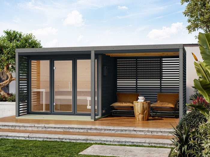 Karibu Hybrid Saunahaus Ares 3, inkl. Anbaudach in anthrazit/graualuminium, inkl. 9 kW Bioofen ext. Steuerung Wifi HUUM