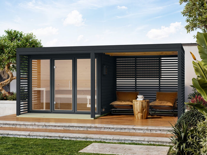 Karibu Hybrid Saunahaus Ares 3, inkl. Anbaudach in anthrazit/anthrazit, inkl. 9 kW Ofen ext. Steuerung Wifi HUUM