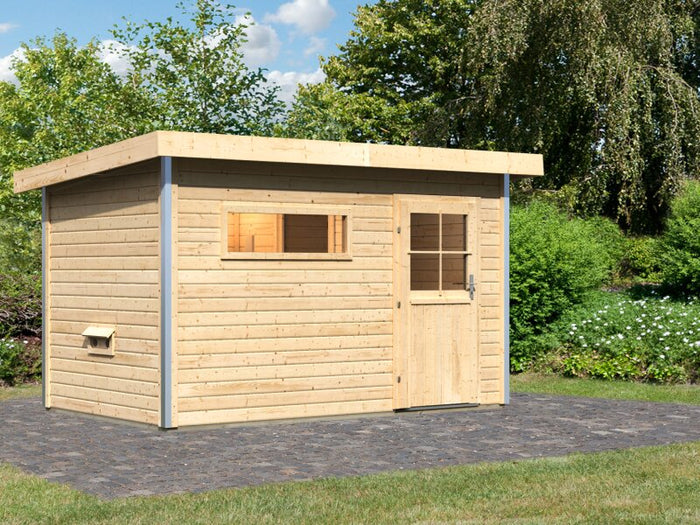 Karibu Saunahaus Skrollan 1 38 mm- 9 kW Ofen ext. Steuerung HUUM- Klassische Tür