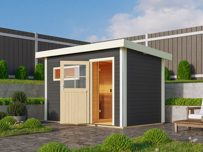 Karibu Saunahaus Skrollan 1 38 mm- 9 kW Ofen ext. Steuerung HUUM- Klassische Tür, Terragrau