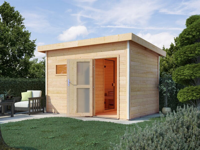 Karibu Saunahaus Skrollan 2, inkl. 9 kW Ofen ext. Steuerung HUUM - Milchglastür