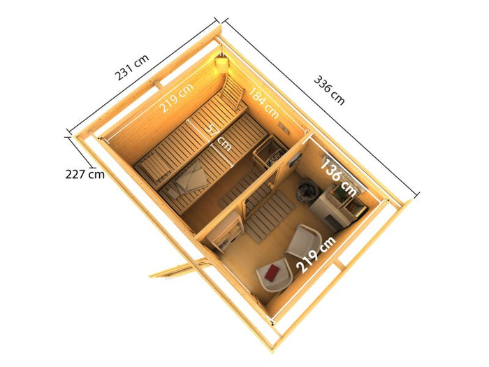 Karibu Saunahaus Skrollan 2, inkl. 9 kW Ofen ext. Steuerung HUUM - Milchglastür