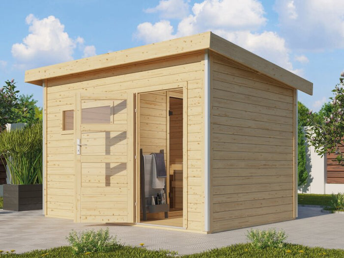 Karibu Saunahaus Skrollan 2, inkl. 9 kW Ofen ext. Steuerung HUUM, Moderne Tür