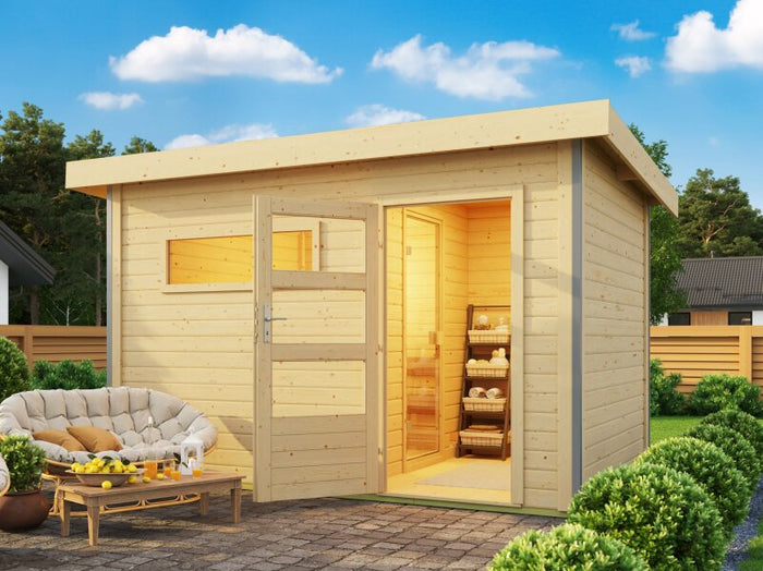 Karibu Saunahaus Skrollan 2, inkl. 9 kW Ofen ext. Steuerung HUUM, Moderne Tür